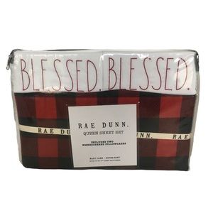 Rae Dunn BLESSED queen Sheet Set w Pillow Cases Buffalo Plaid Red Christmas